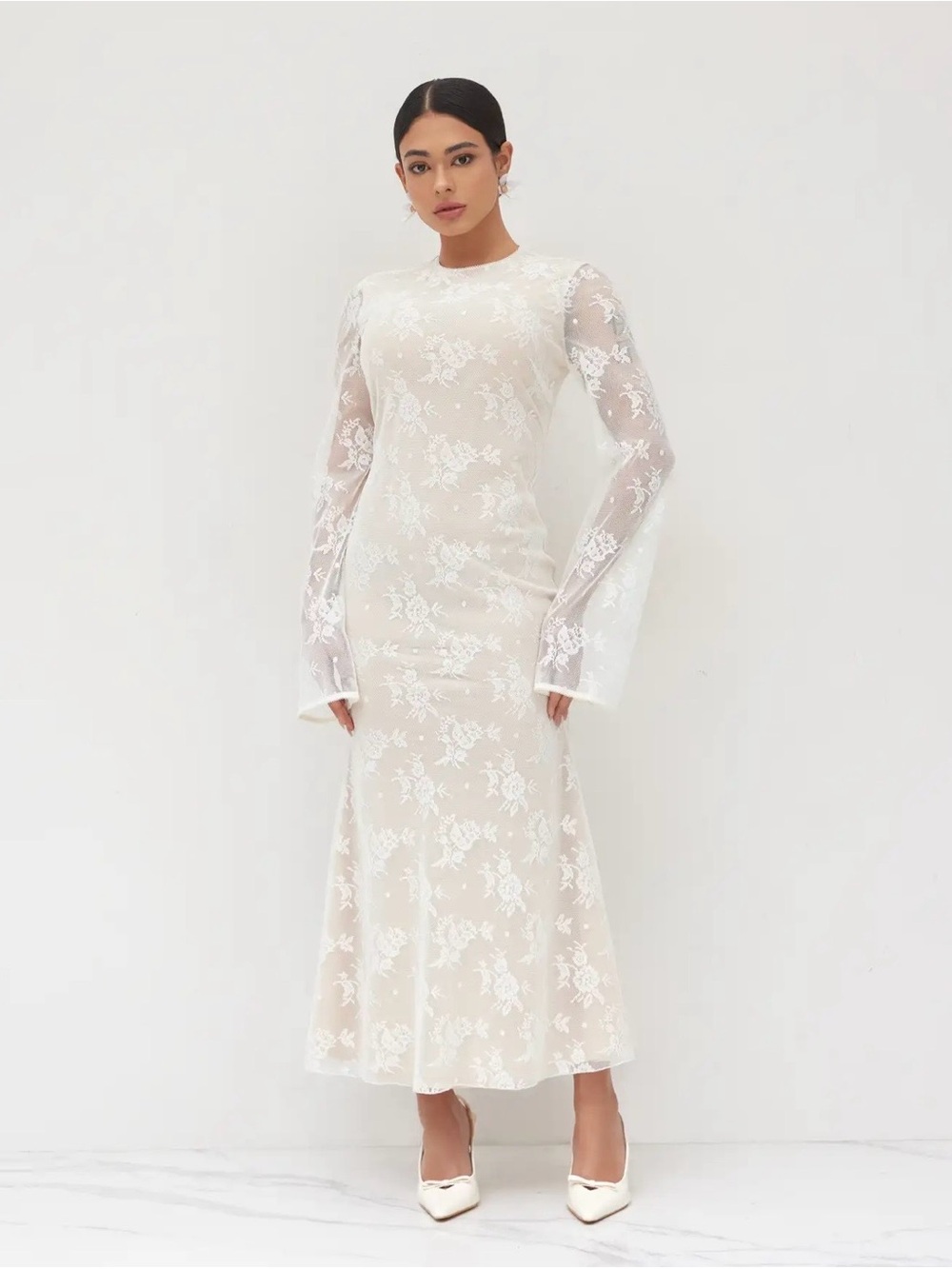 Cider White Lace Maxi Dress with Sheer Long Sleeves